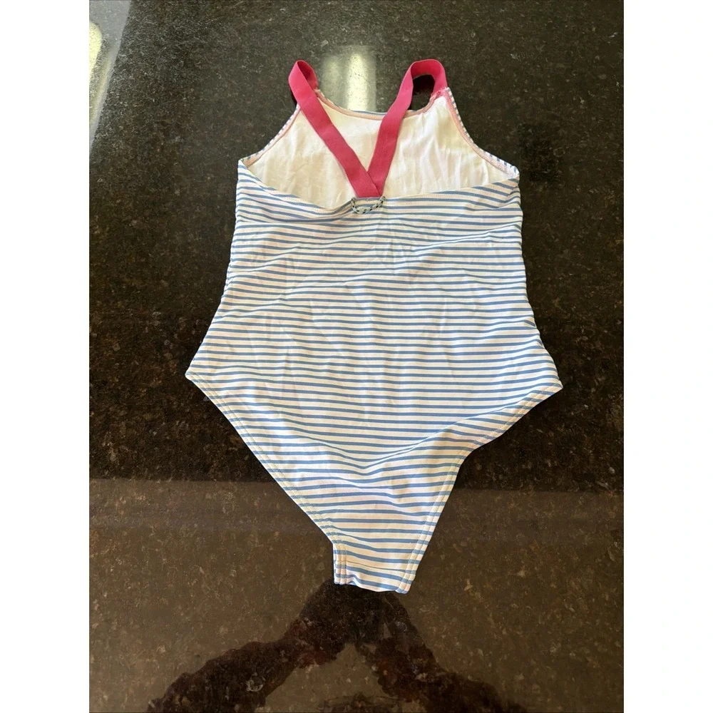 Prodoh Girls One Piece Swimsuit Sz 12 Blue‎ White Stripe Bathing Suit Beach Swim
